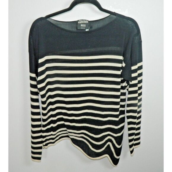 Jean Paul GAULTIER Sweater Medium‎ Blue White Striped Knit Asymmetric Wave Hem - Picture 6 of 8